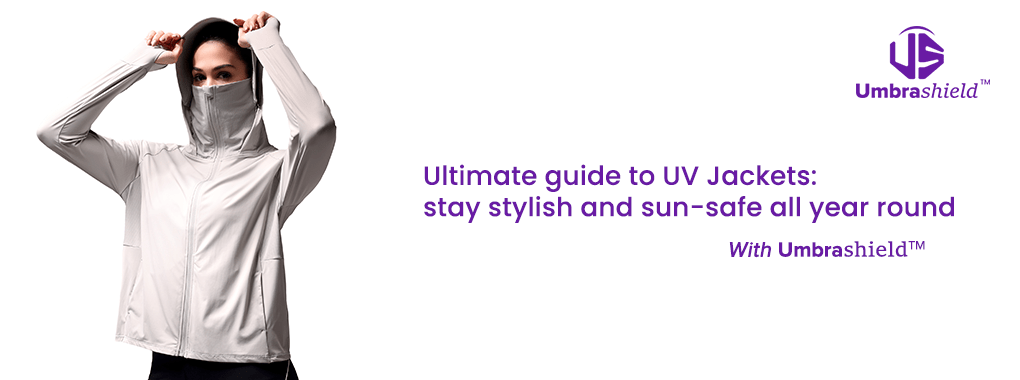 UV Jacket for Women and men – Woman wearing Umbrashield UV protection jacket outdoors.