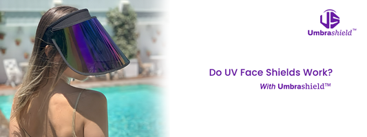 Do UV face shields work – woman wearing Umbrashield UV visor by pool