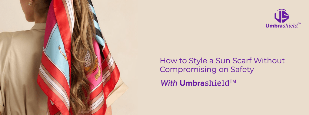 Woman styling a UV protection scarf for sun safety in summer