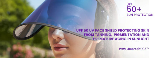 UPF 50 UV face shield protecting skin from tanning,  pigmentation and premature aging in sunlight