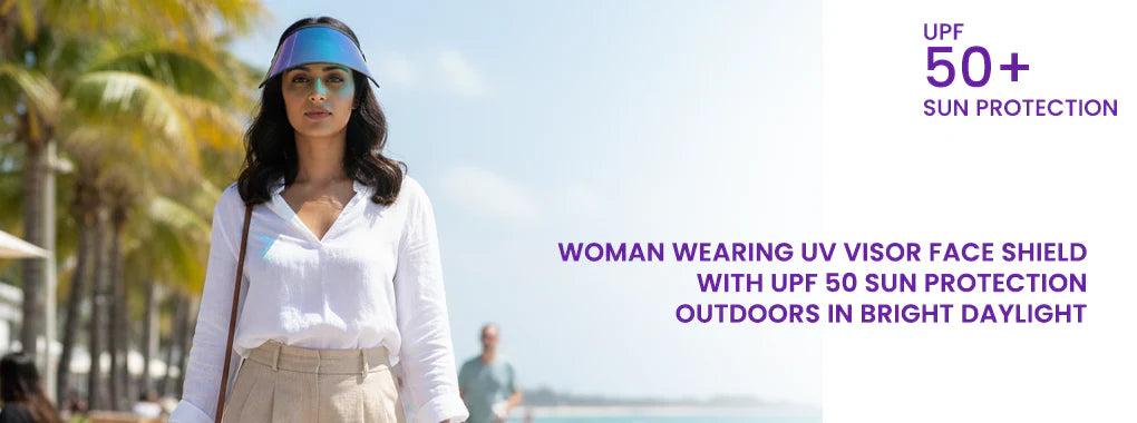Woman wearing UV visor face shield with UPF 50 sun protection outdoors in bright daylight