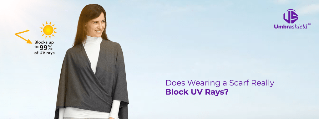 Woman wearing UV protection scarf outdoors