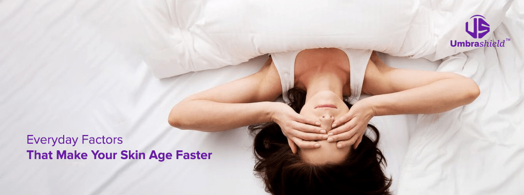 Woman showing everyday skin aging signs and using UV defense