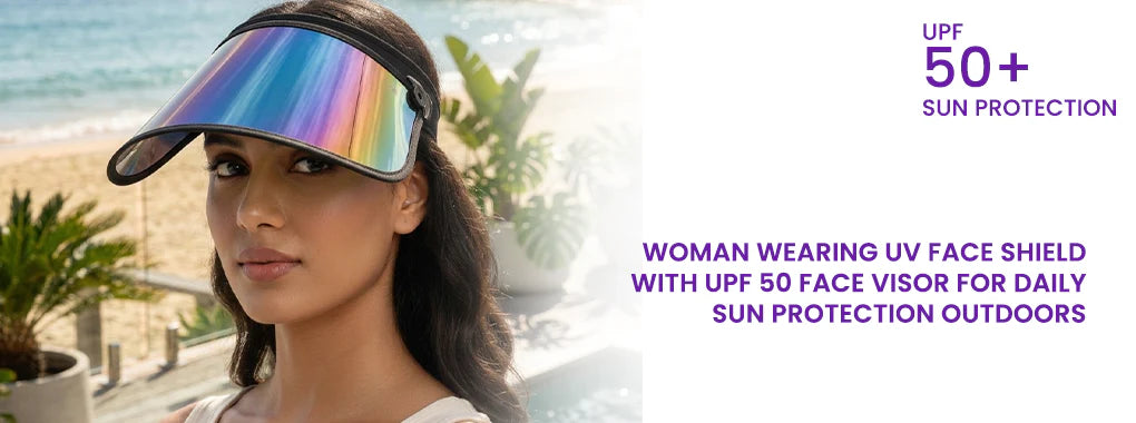 Woman wearing UV face shield with UPF 50 face visor for daily sun protection outdoors