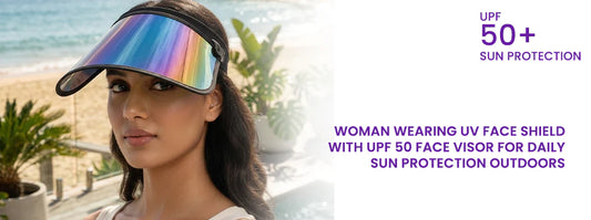 Woman wearing UV face shield with UPF 50 face visor for daily sun protection outdoors