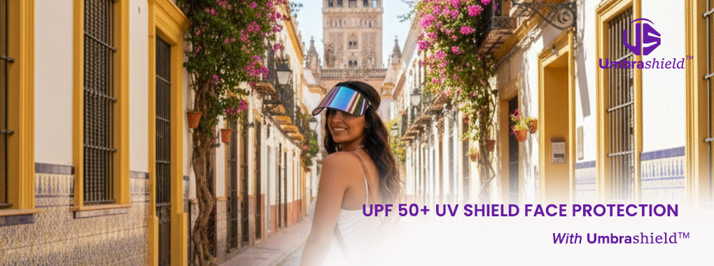 UPF 50+ UV shield visor providing daily facial sun protection outdoors